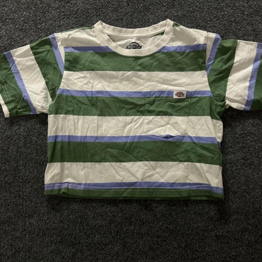 Dickies T-Shirt Womens XS Green Striped Cropped Cotton Pocket Short Sleeve Tee